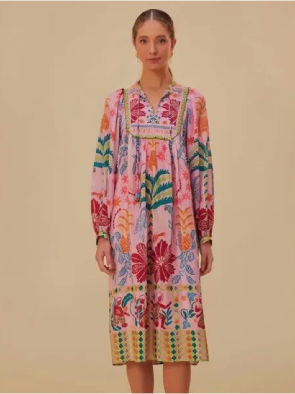 Fruits Queen Scarf Midi Dress Floral Bohemian Long Sleeve Size Medium